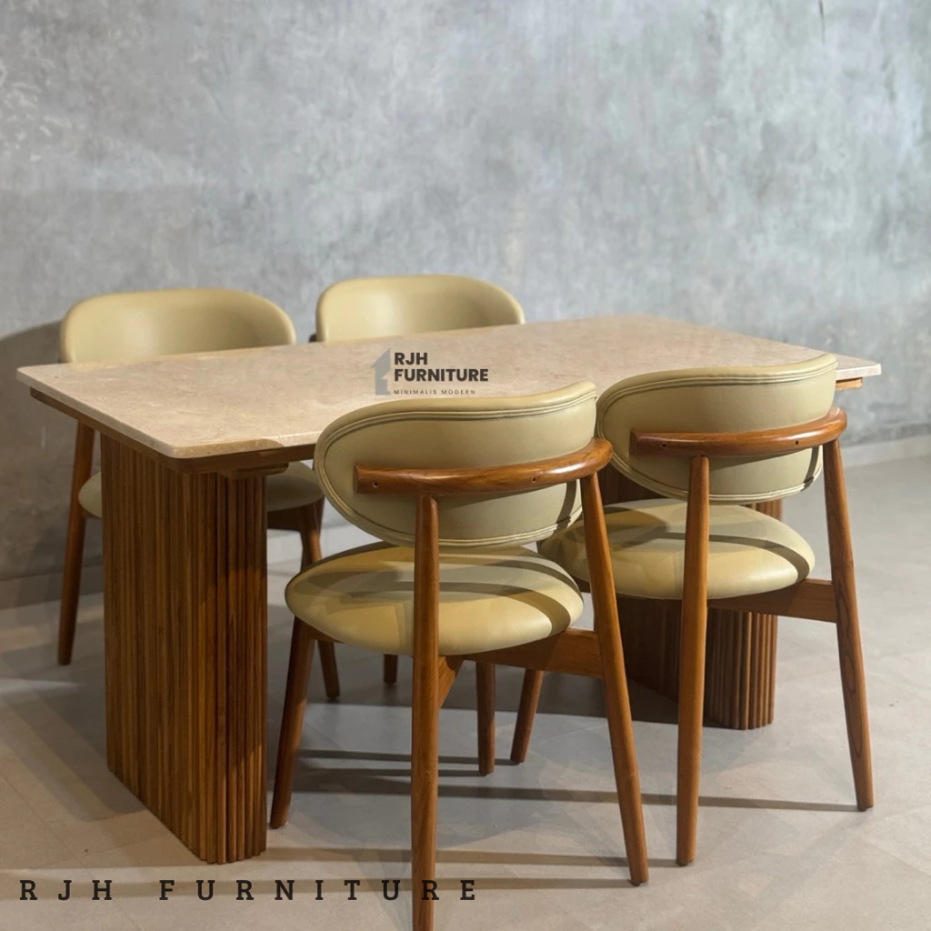 CUSTOM ORDER DINING SET MARMER 160x80 + MEJA SALUR, DINING SET MARMER KARDUSKU