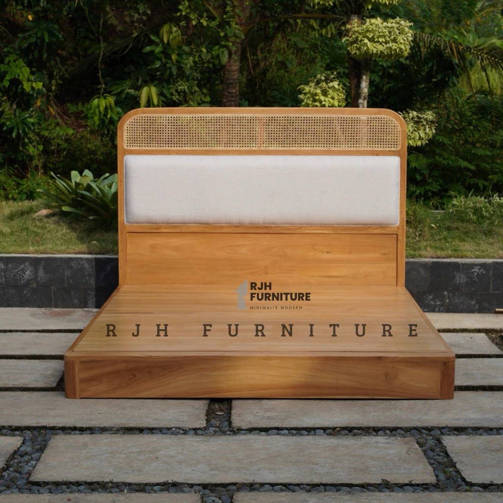 Premium Rattan Bed Frame, Dipan Rotan Minimalis Foam, Natural & Elegant