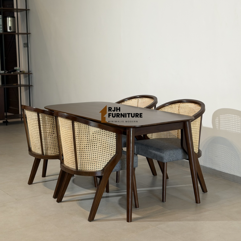 Elegant Teak Wood Dining Set with Natural Rattan